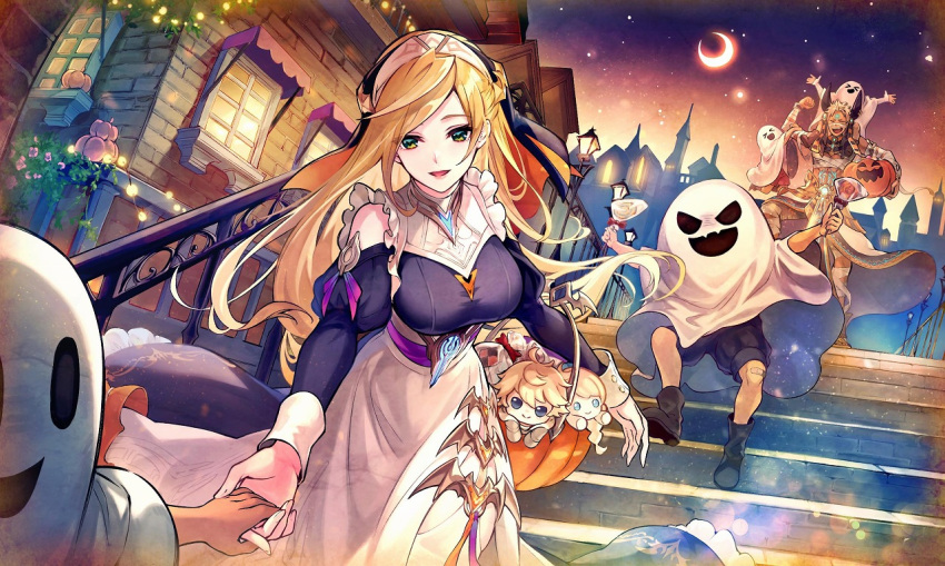 1boy, 1girl, 4others, :d, black_footwear, blonde_hair, boots, candy