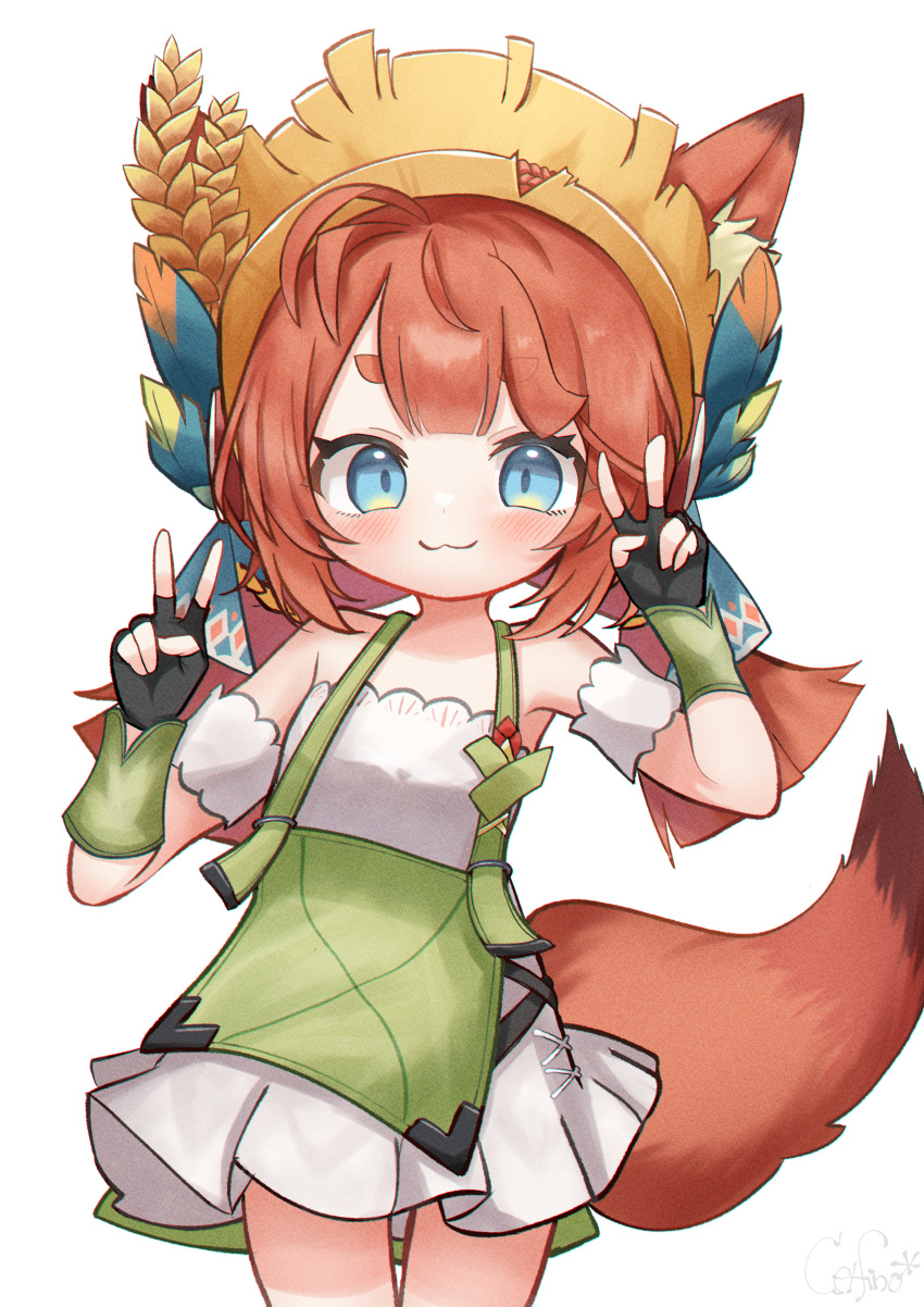 1girl, :3, absurdres, animal_ears, ann_(stella_sora), black_gloves, blue_eyes, breasts, brown_hair, commentary, cowboy_shot, delfino, double_v, fingerless_gloves, fox_ears, fox_girl, fox_tail, gloves, highres, simple_background, small_breasts, solo, stella_sora, tail, v, white_background