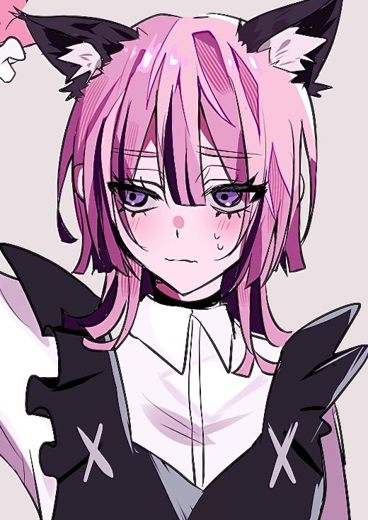 1girl, animal_ears, arm_up, ay_ztmy64, baka_janai_noni_(zutomayo), black_bustier, black_ears, black_hair, bustier, cat_ears, collared_shirt, colored_inner_hair, commentary, dress_shirt, looking_to_the_side, multicolored_hair, nira-chan, nira-chan_(baka_janai_noni)_(zutomayo), pink_hair, shirt, simple_background, streaked_hair, sweatdrop, upper_body, violet_eyes, white_shirt, zutto_mayonaka_de_ii_no_ni
