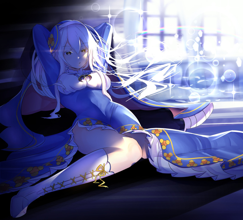 1girl, absurdres, arms_behind_head, asymmetrical_dress, blue_dress, breasts, cedric_(gear_art), colored_eyelashes, cosplay, covered_navel, cross-laced_footwear, dress, echidna_(re:zero), frilled_dress, frills, habit, hair_between_eyes, highres, jewelry, long_hair, long_sleeves, looking_at_viewer, medium_breasts, melty_pristis, melty_pristis_(cosplay), necklace, open_mouth, puckered_lips, re:zero_kara_hajimeru_isekai_seikatsu, side_slit, sitting, solo, sunlight, thighs, tight_clothes, tight_dress, wariza, white_eyelashes, white_footwear, white_hair, windowsill