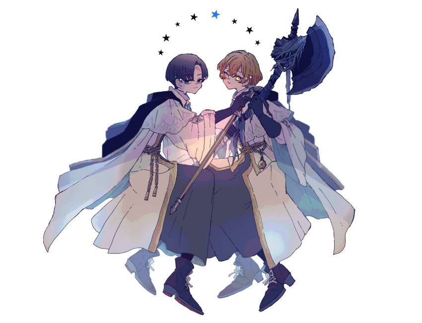 2boys, alternate_costume, bishounen, black_gloves, black_hair, blonde_hair, blue_eyes, boots