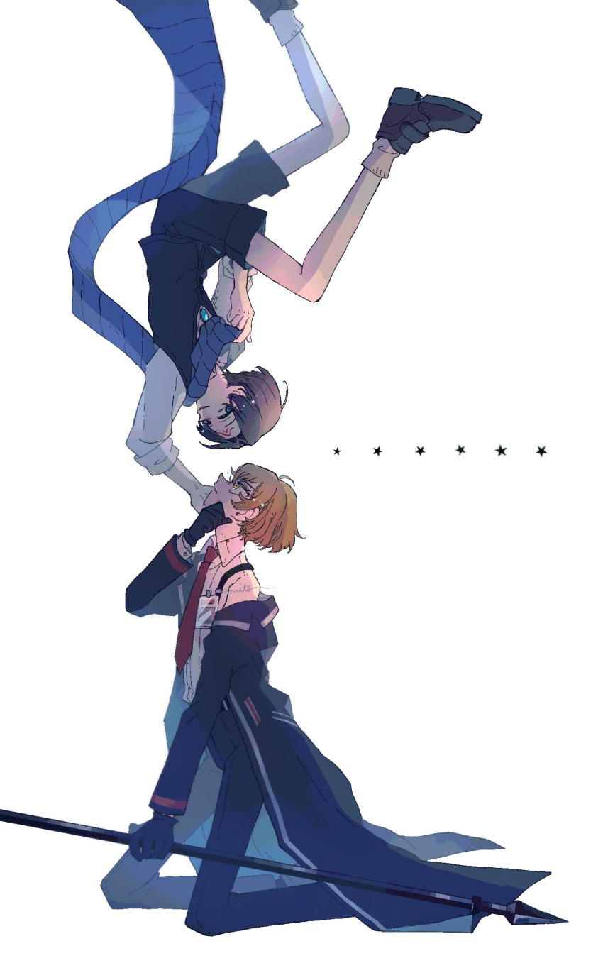 2boys, absurdres, bishounen, black_gloves, black_hair, black_suit, blonde_hair, blue_scarf, demian_(project_moon), from_side, full_body, gloves, highres, holding, holding_polearm, holding_weapon, limbus_company, male_focus, multiple_boys, necktie, nito, open_mouth, polearm, project_moon, red_necktie, scarf, shirt, short_hair, shorts, simple_background, sinclair_(project_moon), suit, suspenders, weapon, white_background, white_shirt