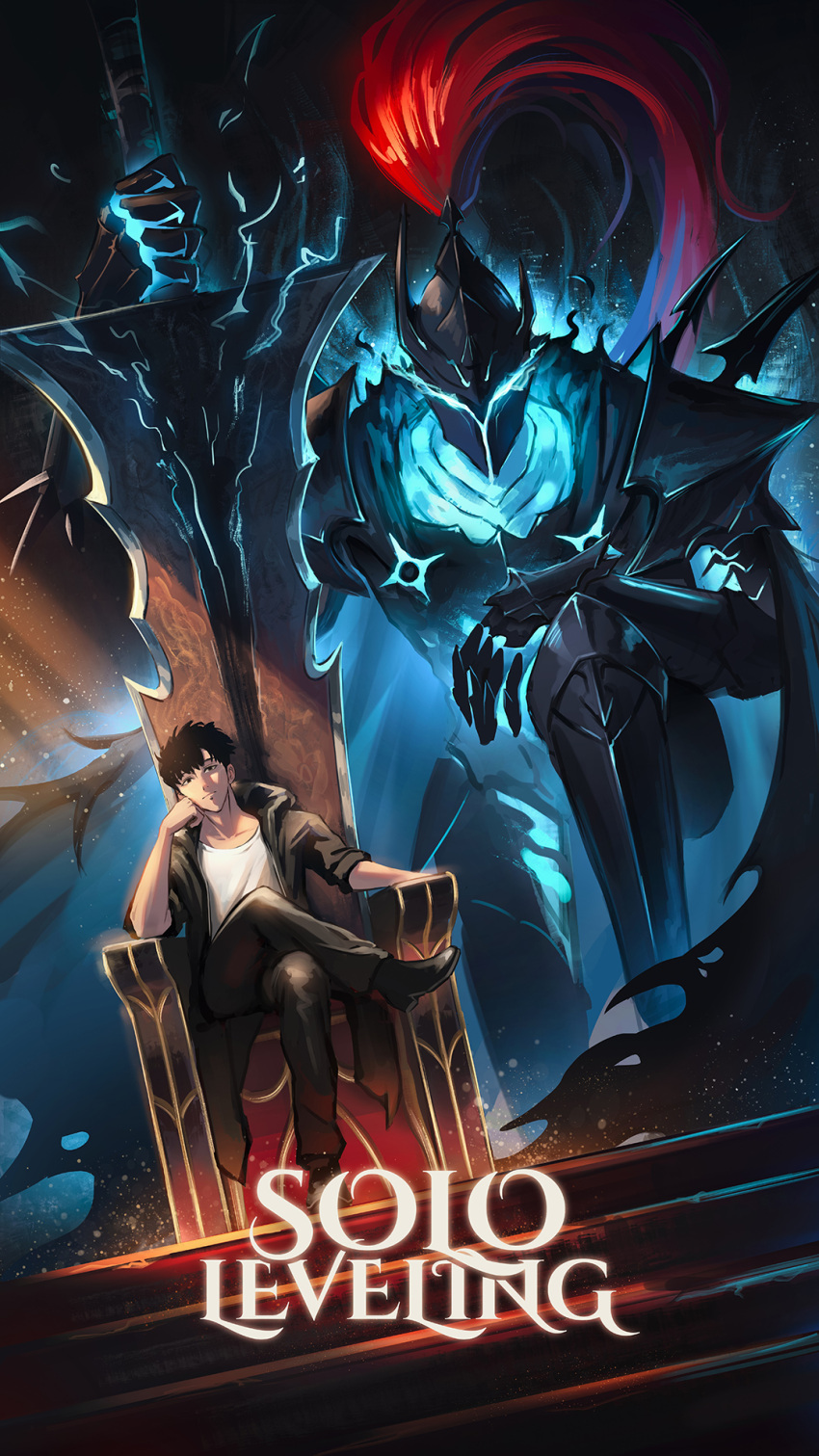 2boys, armor, black_coat, black_footwear, black_hair, coat, copyright_name, crossed_legs