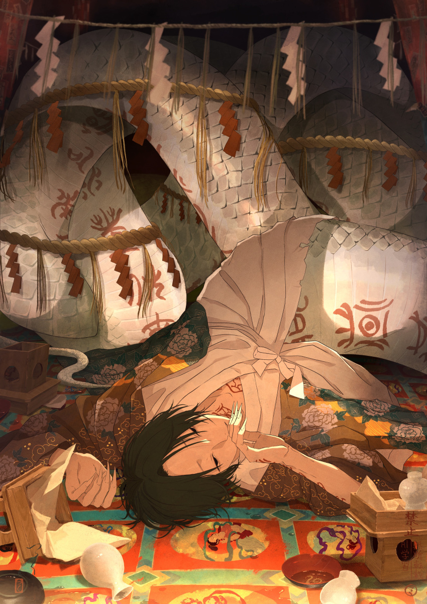 1boy, absurdres, alcohol, black_eyes, black_hair, bottle, chinese_zodiac, coat