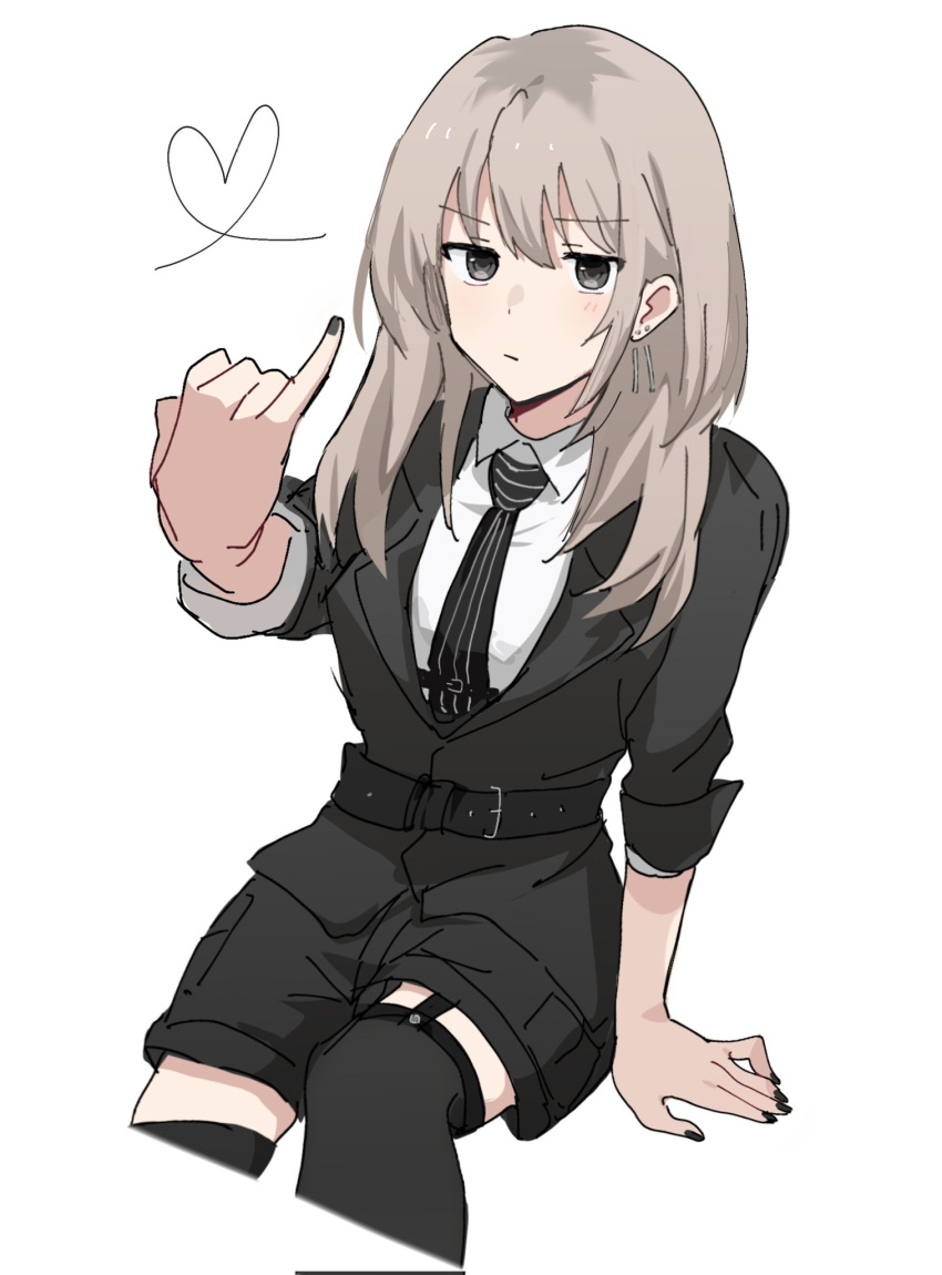 1girl, belt, black_belt, black_jacket, black_nails, black_necktie, black_shorts, black_thighhighs