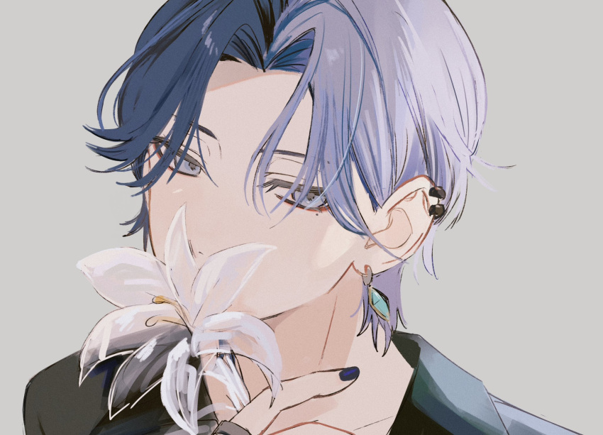aoyagi_touya, black_nails, blue_eyes, blue_hair, commentary, covered_mouth, dark_blue_hair, ear_piercing