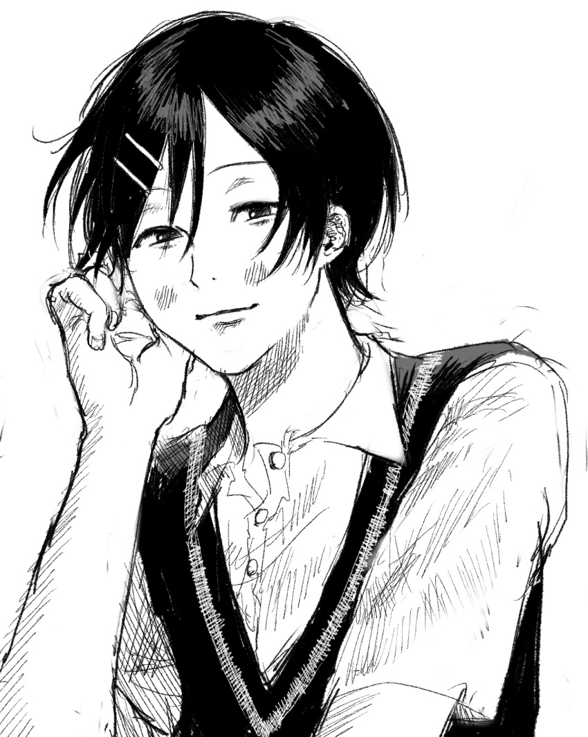 1girl, blush, closed_mouth, collared_shirt, commentary, dress_shirt, futsuu_no_keion-bu, greyscale