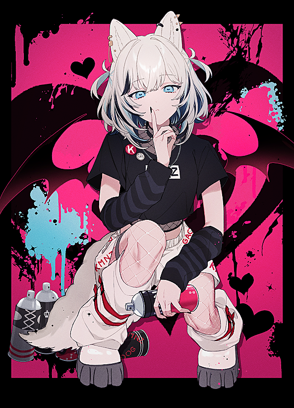 1girl, animal_collar, animal_ears, arm_warmers, badge, bat_wings, black_nails, black_shirt
