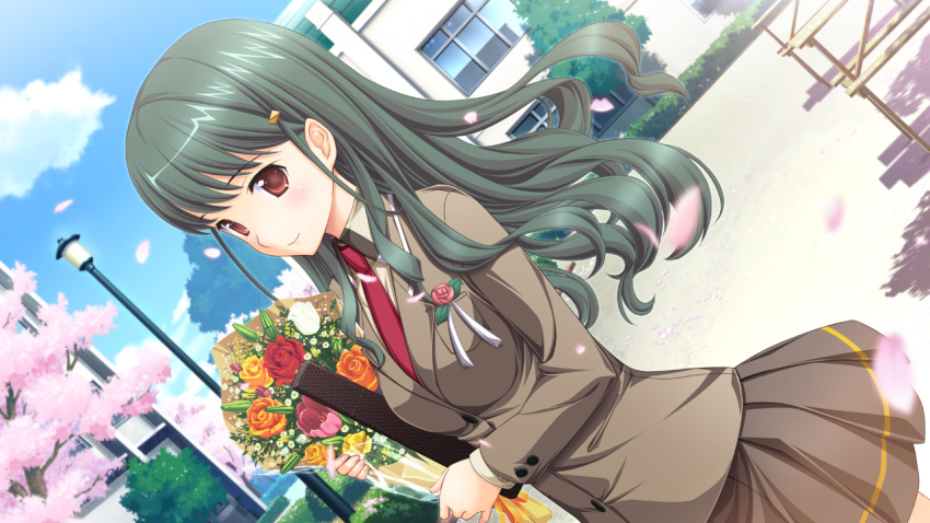 flower, flowers, game_cg, hatsukoi_sacrament, long_hair, purple_software, red_eyes, seifuku