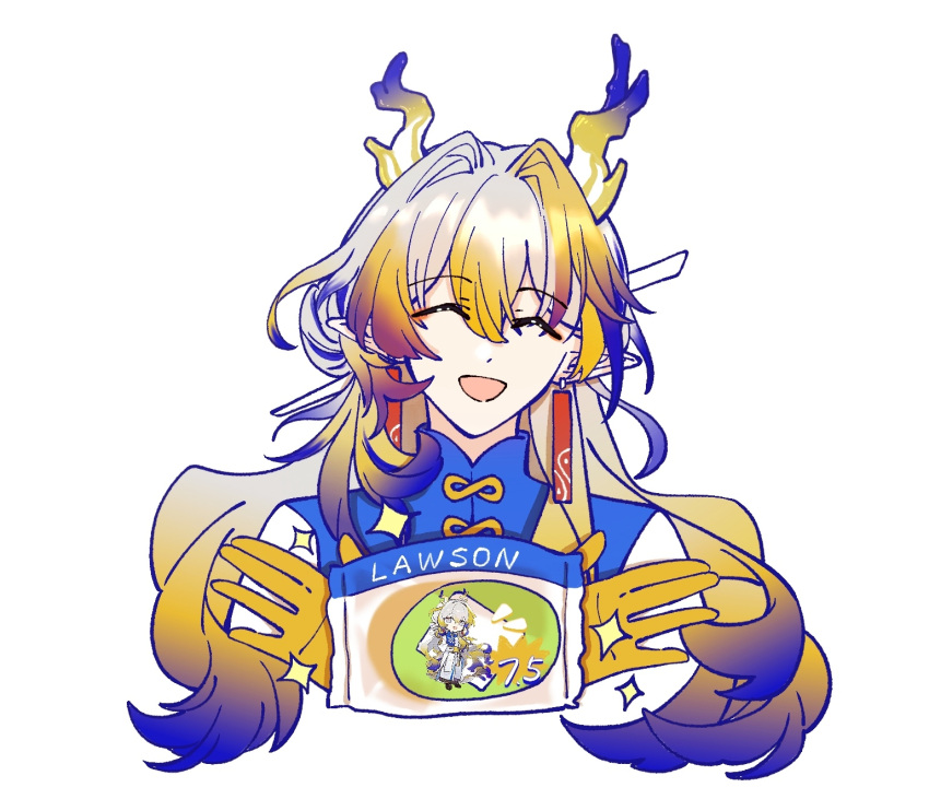 1girl, :d, ^_^, arknights, blue_jacket, bx-02_blodia, chinese_commentary, closed_eyes, colored_extremities, commentary_request, company_name, cong_jiang_bu_chi, cropped_torso, dragon_girl, dragon_horns, earrings, facing_viewer, hair_between_eyes, hair_intakes, highres, holding, horns, jacket, jewelry, lawson, long_hair, multicolored_hair, open_mouth, pointy_ears, purple_hair, shu_(arknights), simple_background, smile, solo, sparkle, white_background, white_jacket
