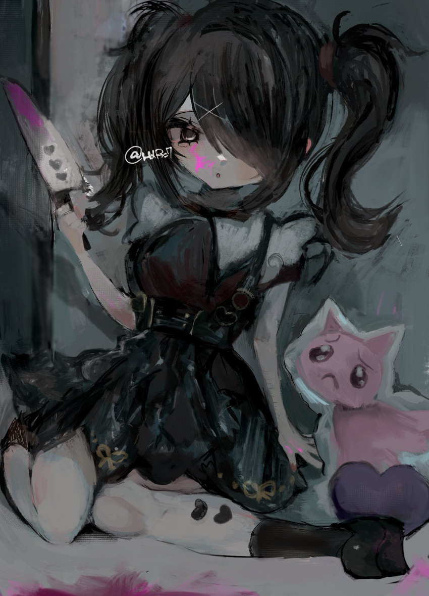 1girl, ame-chan_(needy_girl_overdose), black_eyes, black_hair, black_skirt, black_socks, blood, blood_on_hands