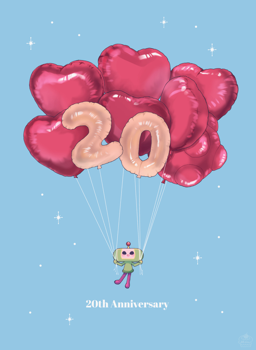 1boy, absurdres, anniversary, balloon, blue_background, floating, full_body, heart_balloon