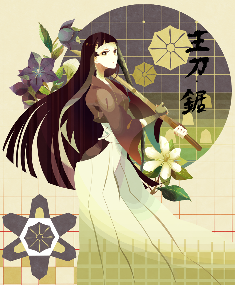 flower, hakama, hinokou, japanese_clothes, katanagatari, kiguchi_zanki, long_hair, sword, weapon, wooden_sword