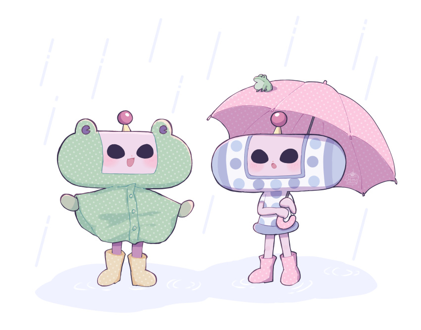 1boy, 1girl, black_eyes, boots, dress, frog, frog_raincoat, green_raincoat