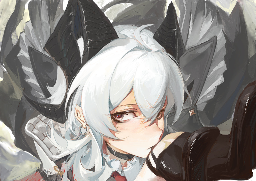 1girl, absurdres, biting, biting_glove, black_choker, black_gloves, black_horns, choker