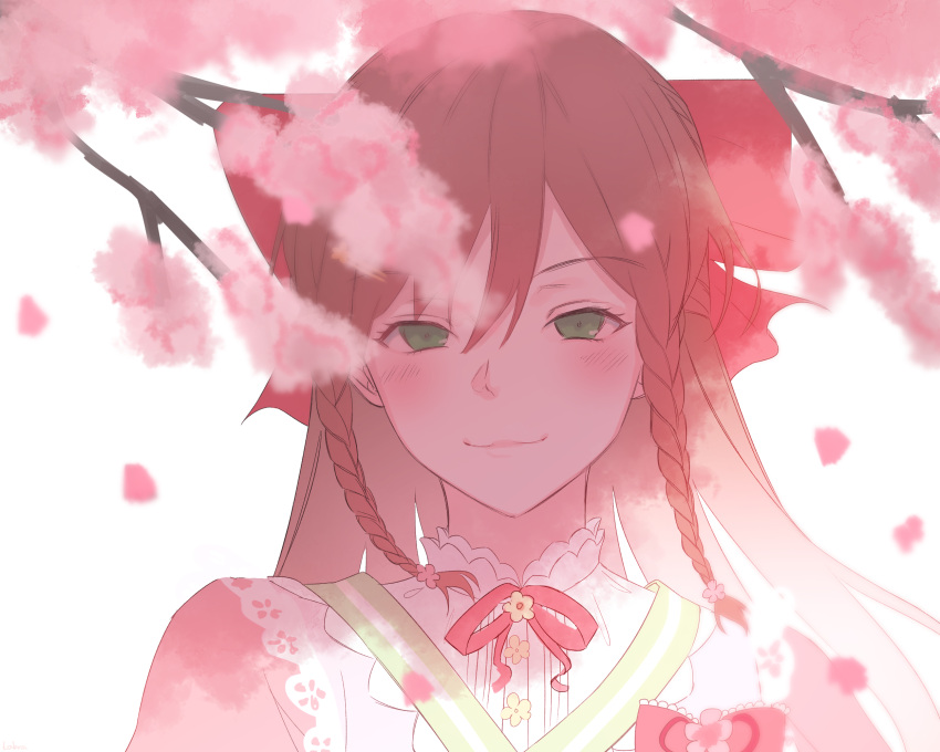 1girl, aqua_flower, aqua_hair, aqua_rose, bow, brown_hair, cherry_blossoms, dress, drumsticks, flower, green_eyes, gyao77, hair_bow, hanasakigawa_school_uniform, haneoka_school_uniform, highres, imai_lisa, lace, pink_dress, purple_flower, purple_rose, rose, roselia_(bang_dream!), school_uniform, smug, tape, white_background