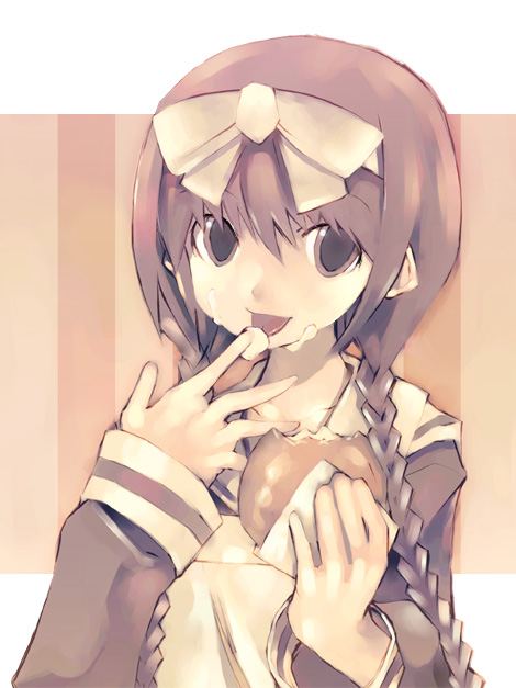 1girl, bad_id, bow, bow_hairband, braid, brown_eyes, brown_hair, commentary_request, food, food_on_face, food_on_hand, hair_between_eyes, hairband, hands_up, holding, holding_food, kei_(keigarou), lillian_girls'_academy_school_uniform, long_hair, long_sleeves, maria-sama_ga_miteru, sailor_collar, school_uniform, serafuku, shimazu_yoshino, solo, twin_braids, upper_body, white_bow, white_hairband, white_sailor_collar