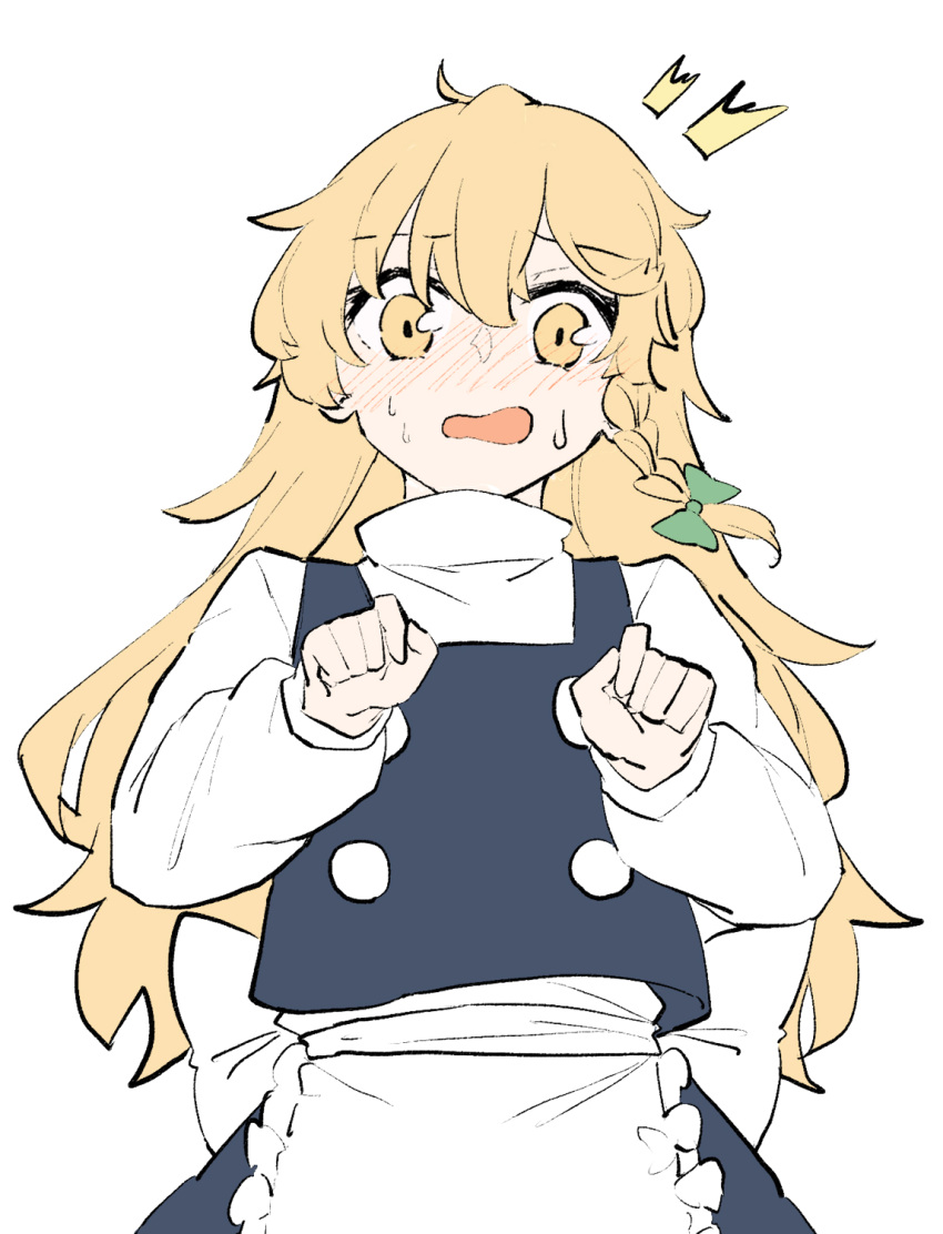 1girl, apron, blonde_hair, blush, bow, braid, commentary, deetamu