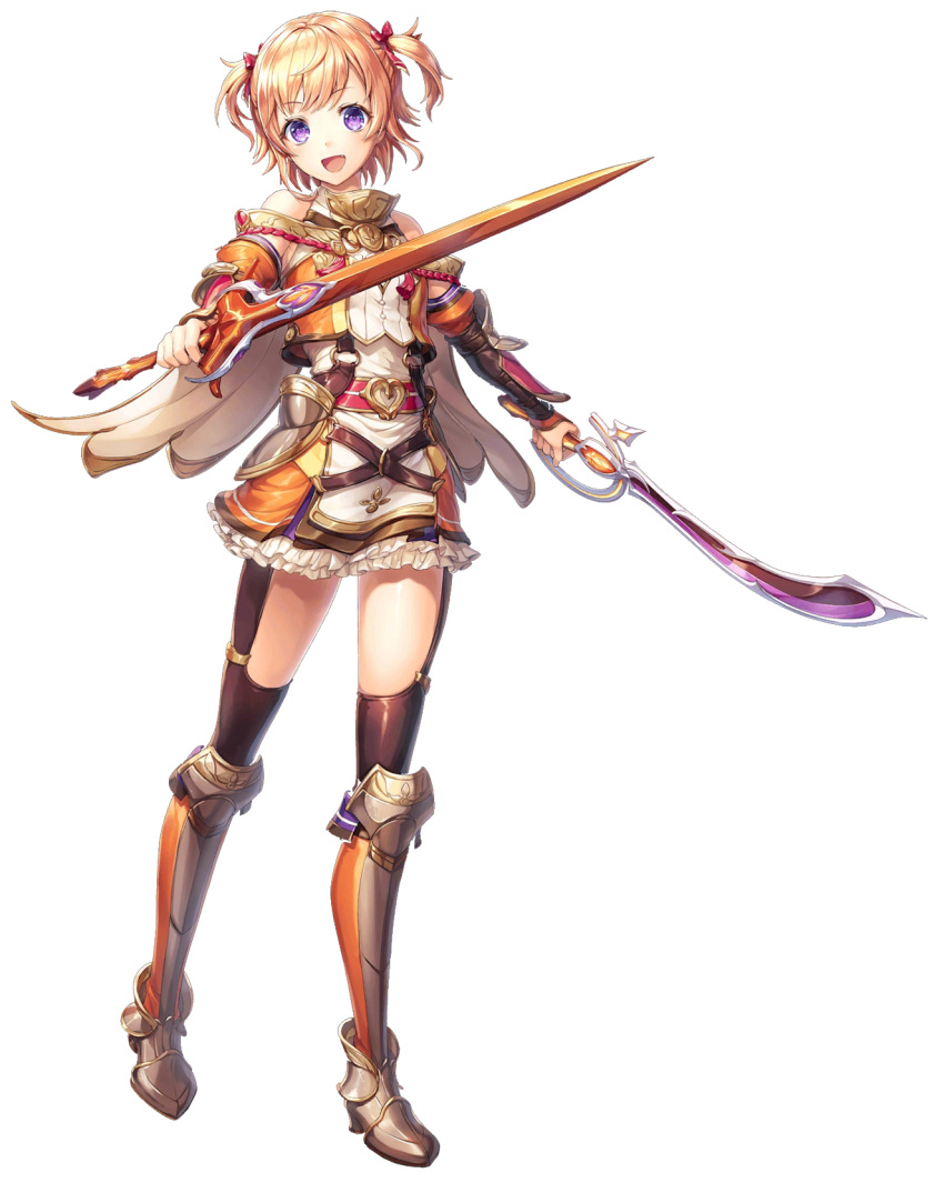 1girl, aglire_(unitia), bad_source, bare_shoulders, bow, breasts, dual_wielding, fang