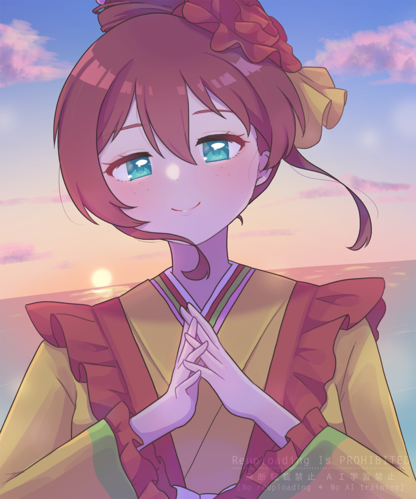 1girl, blue_eyes, brown_hair, cara_tesoro, closed_mouth, commentary_request, dutch_angle, emma_verde