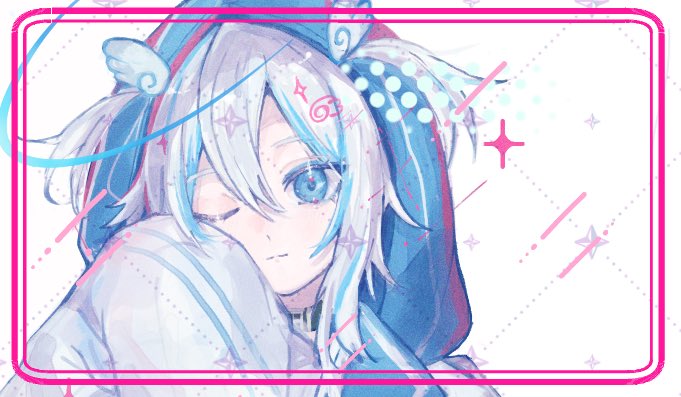 1girl, blue_eyes, blue_hair, closed_mouth, commentary_request, denonbu, hair_between_eyes, hand_up