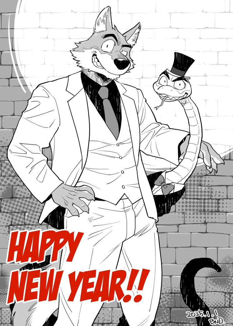 animal_ear_fluff, animal_ears, black_coat, black_hat, bow, bowtie, claws, coat, commentary_request, dated, dog_nose, fangs, forked_tongue, greyscale, grin, hand_on_own_hip, happy_new_year, hat, mini_hat, mini_top_hat, monochrome, mr._snake, mr._wolf, necktie, pants, raised_eyebrow, sekijaku, smile, snake_boy, snake_tail, spotlight, tail, the_bad_guys_(film), tongue, tongue_out, top_hat, vest, white_coat, white_pants, white_vest, wolf_boy, wolf_ears