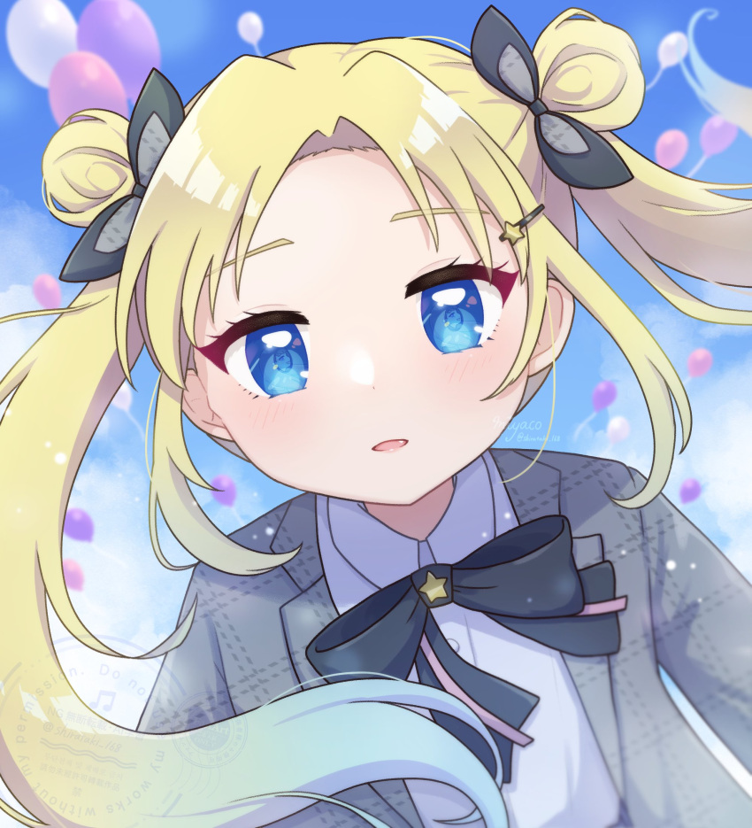 1girl, balloon, blazer, blonde_hair, bow, bowtie, collared_shirt, commentary, curtained_hair, double_bun, duplicate, fang, floating_hair, gradient_hair, hair_bow, hair_bun, hair_ornament, hairclip, highres, jacket, joushou_kiryuu_(love_live!), link!_like!_love_live!, long_hair, love_live!, miyaco_(shirataki_168), multicolored_hair, official_alternate_costume, open_clothes, open_jacket, open_mouth, osawa_rurino, shirt, sidelocks, solo, star_(symbol), star_hair_ornament, twintails, unmoving_pattern, upper_body, virtual_youtuber, watermark