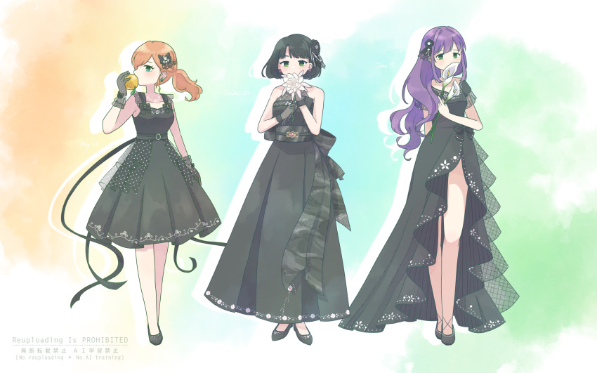 3girls, absurdres, bare_legs, bare_shoulders, black_bow, black_dress, black_flower, black_footwear