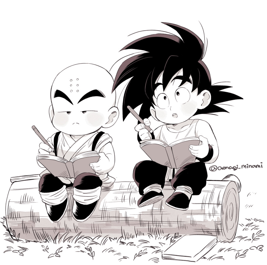 2boys, :o, aged_down, aonagi_minami, artist_name, bald, blush, book