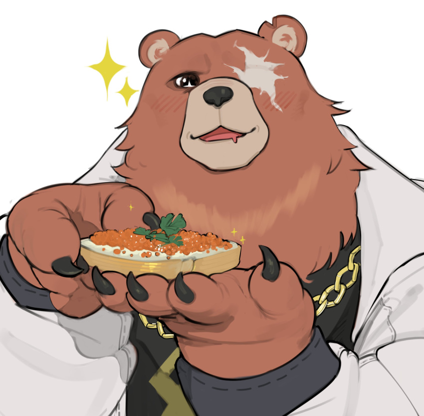 1boy, 1kogito1, animal_ears, bear_boy, bear_ears, ben_bigger, black_tank_top, blush, caviar, chain, chain_necklace, claws, drooling, english_commentary, fat, food, furry, furry_male, highres, holding, holding_food, jacket, jewelry, looking_at_viewer, male_focus, mouth_drool, necklace, notched_ear, plump, scar, scar_across_eye, sparkle, sparkling_eyes, tank_top, upper_body, white_background, white_jacket, zenless_zone_zero