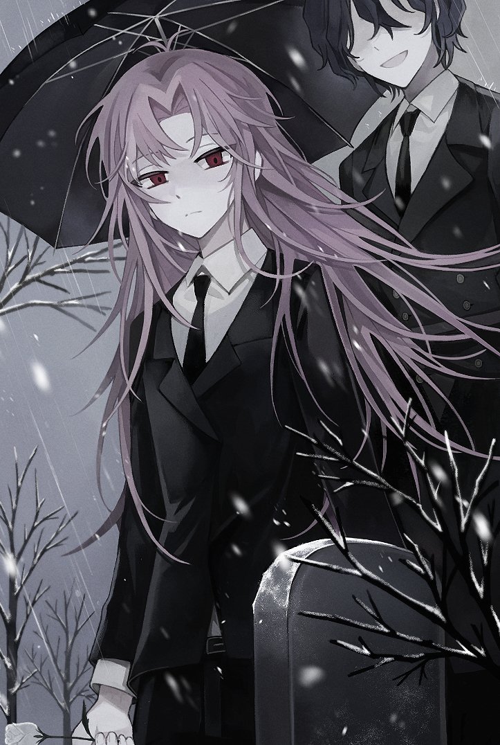 2boys, black_hair, black_necktie, black_suit, closed_mouth, collared_shirt, expressionless, flower