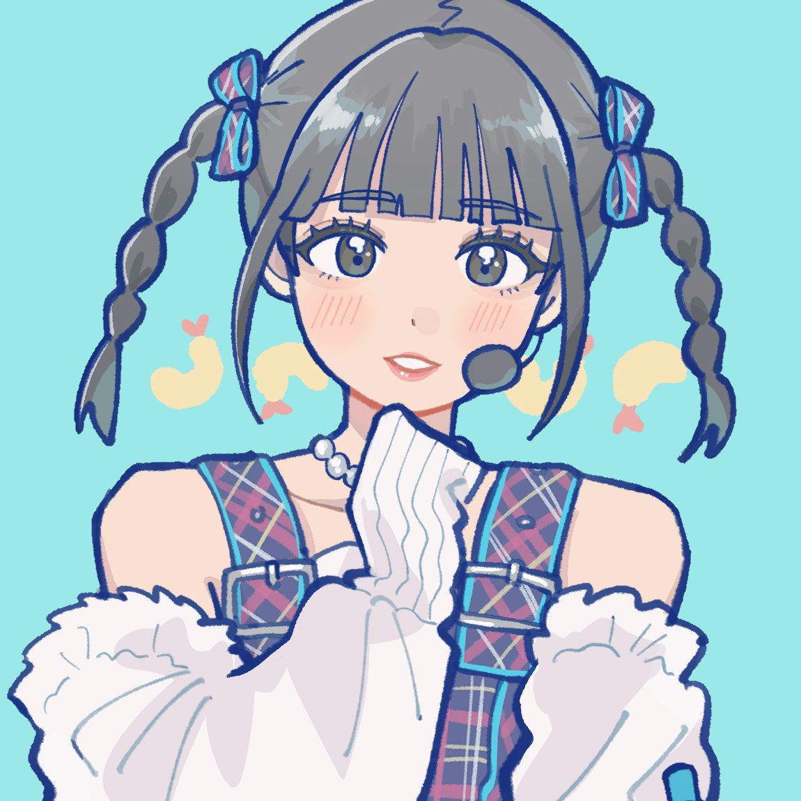 1girl, aqua_background, bare_shoulders, black_eyes, black_hair, bow, bowtie, braid