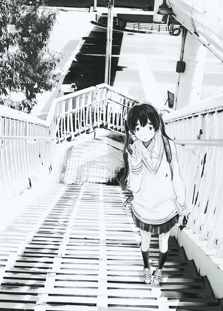 absurdres, book, bridge, collared_shirt, dead_dead_demons_de_dedede_destruction, expressionless, greyscale, highres