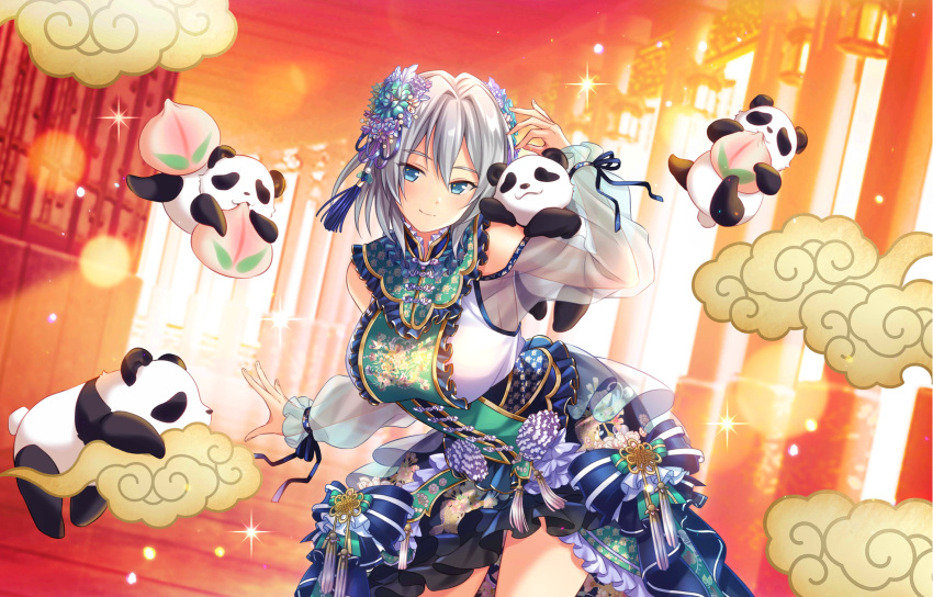1girl, absurdres, bare_shoulders, blue_eyes, breasts, closed_mouth, cowboy_shot, dress