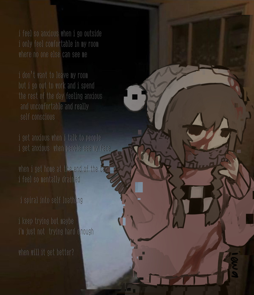 1girl, absurdres, beanie, blood, blood_on_clothes, blood_on_face, braid, brown_hair, cowboy_shot, digital_dissolve, english_text, grey_hat, hands_up, hat, highres, iewa, long_hair, low_twin_braids, madotsuki, open_door, photo_background, pink_sweater, pom_pom_(clothes), pom_pom_beanie, purple_scarf, scarf, simple_background, solo, surreal, sweater, twin_braids, winter, yume_nikki