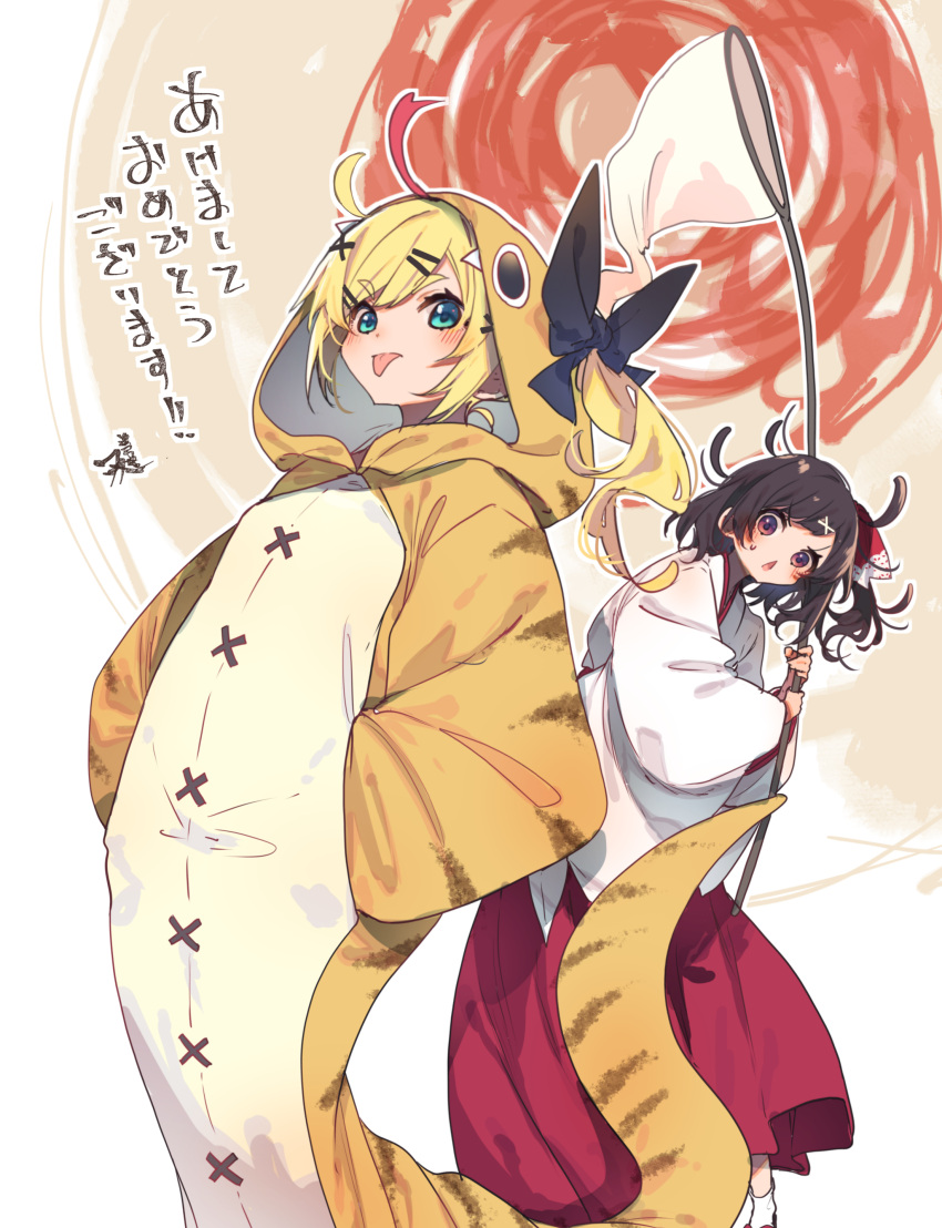 2girls, :p, absurdres, ahoge, allie_abel, animal_costume, aqua_eyes, blonde_hair