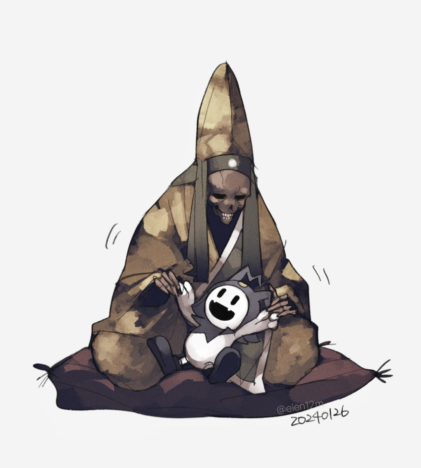 :d, blue_footwear, blue_hat, cushion, daisoujou_(megami_tensei), dated, eien12m, fangs