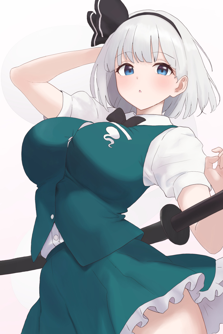 1girl, :o, absurdres, arm_behind_head, black_bow, black_bowtie, black_hairband, blue_eyes