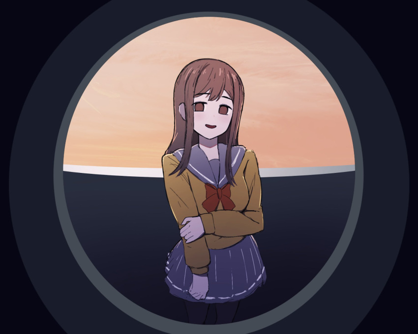 1girl, :d, black_pantyhose, bow, bowtie, brown_hair, brown_sweater, cowboy_shot, empty_eyes, grey_sailor_collar, grey_skirt, hand_on_own_arm, highres, kunikida_hanamaru, long_sleeves, looking_at_viewer, love_live!, love_live!_sunshine!!, miniskirt, monitoring_(vocaloid), mortdecai, open_mouth, pantyhose, parody, pleated_skirt, pov_peephole, red_bow, red_bowtie, sailor_collar, school_uniform, skirt, smile, solo, sweater, uranohoshi_school_uniform