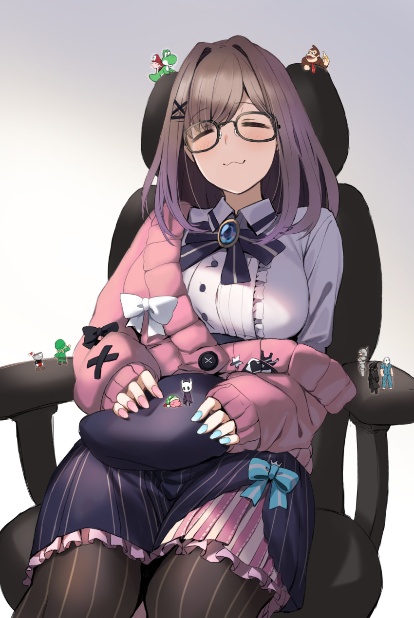 1girl, :3, baby_mario, beret, black-framed_eyewear, bloodborne, blue_bow, blue_nails