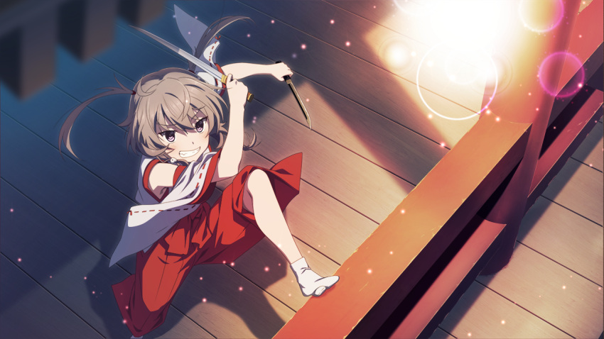 1girl, against_railing, blurry, blurry_foreground, detached_sleeves, dual_wielding, game_cg, grey_hair