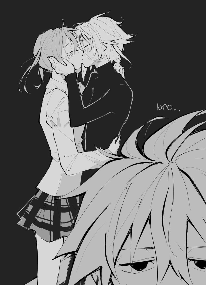 1boy, 1girl, 1other, adapted_costume, blush, closed_eyes, couple, crona_(soul_eater), english_commentary, english_text, from_side, greyscale, hair_between_eyes, hand_on_another's_back, hand_on_own_cheek, hand_on_own_face, highres, juliet_sleeves, kaligraphy, kiss, long_sleeves, maka_albarn, monochrome, other_with_female, perspective, plaid_clothes, plaid_skirt, puffy_sleeves, short_hair, short_twintails, skirt, soul_eater, soul_evans, third_wheel, turtleneck, twintails