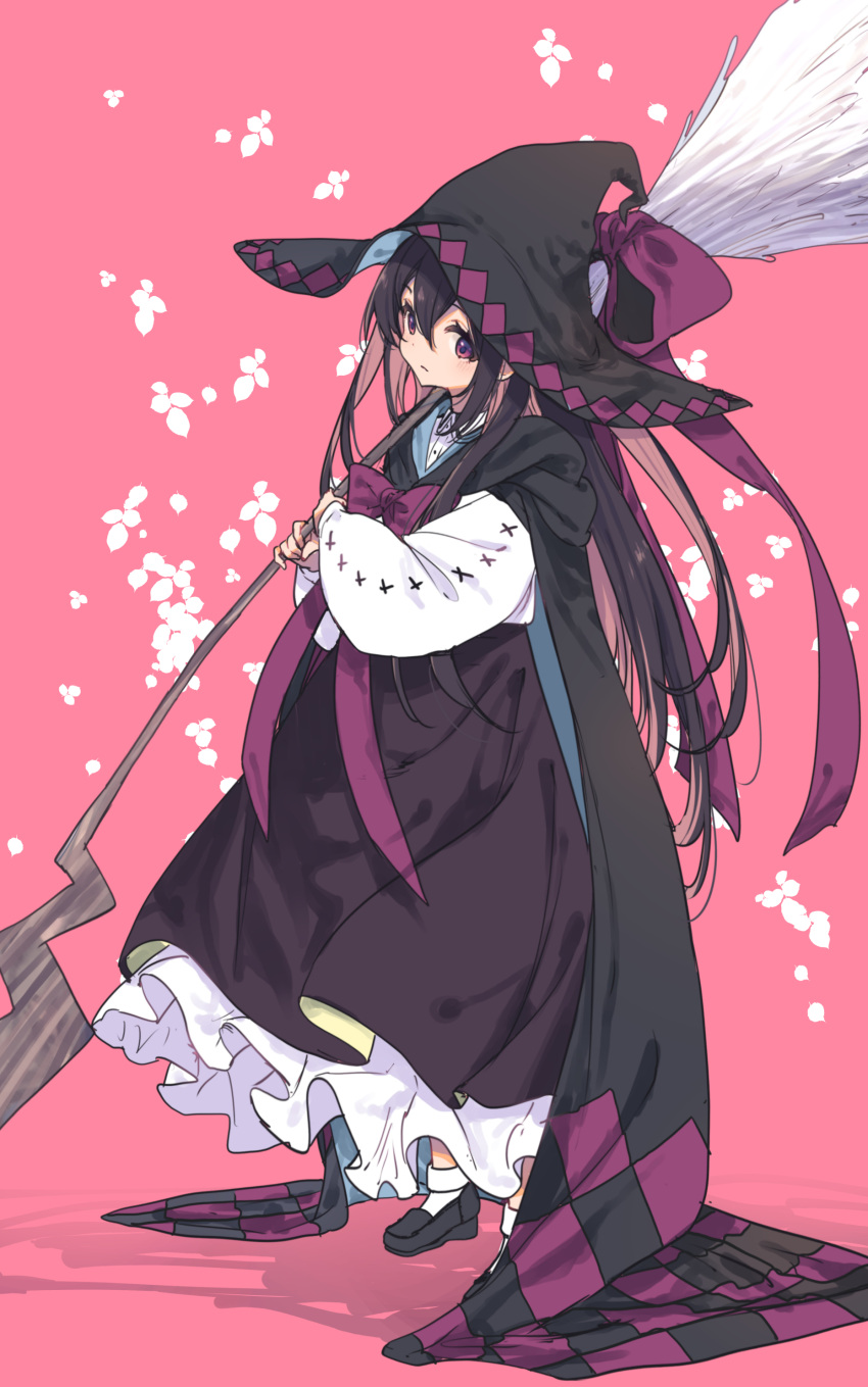 1girl, absurdres, black_cloak, black_footwear, black_hat, black_skirt, broom, character_request
