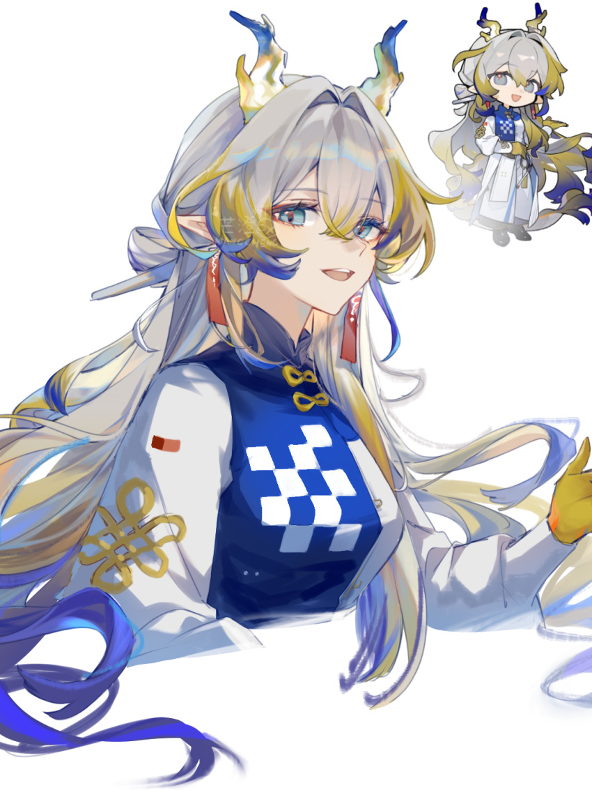 1girl, :d, arknights, blonde_hair, blue_eyes, blue_hair, blue_jacket, chibi