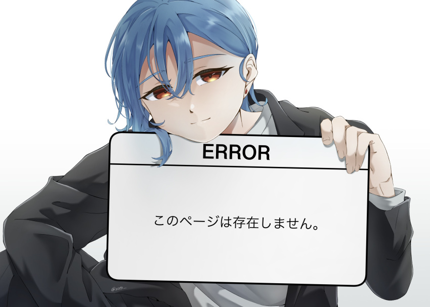 1girl, absurdres, black_jacket, blue_hair, closed_mouth, commentary, crossed_bangs, earrings
