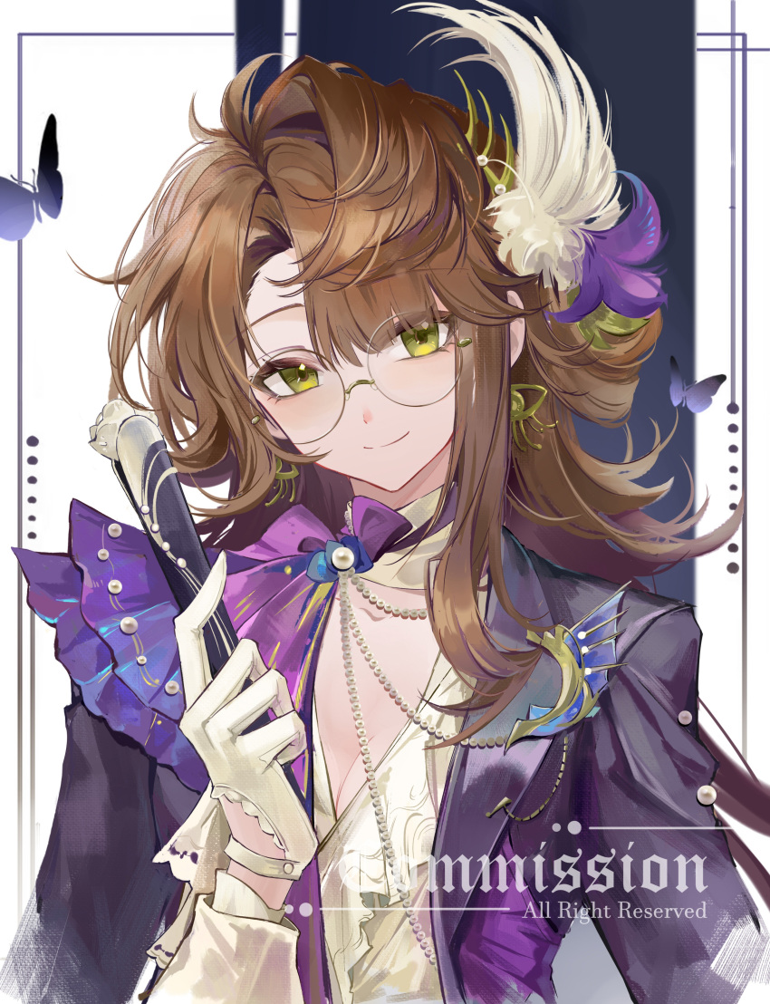 1girl, absurdres, brown_hair, bug, butterfly, closed_mouth, commission, fanxiang_kafeiyin, feather_hair_ornament, feathers, folded_fan, folding_fan, glasses, gloves, grey_eyes, hair_ornament, hand_fan, hand_up, highres, holding, holding_fan, jacket, kakania_(reverse:1999), kakania_(seminars_on_serenity)_(reverse:1999), long_hair, looking_at_viewer, neckerchief, official_alternate_costume, purple_butterfly, purple_jacket, purple_neckerchief, reverse:1999, round_eyewear, shirt, smile, solo, upper_body, watermark, white_background, white_feathers, white_gloves, white_shirt