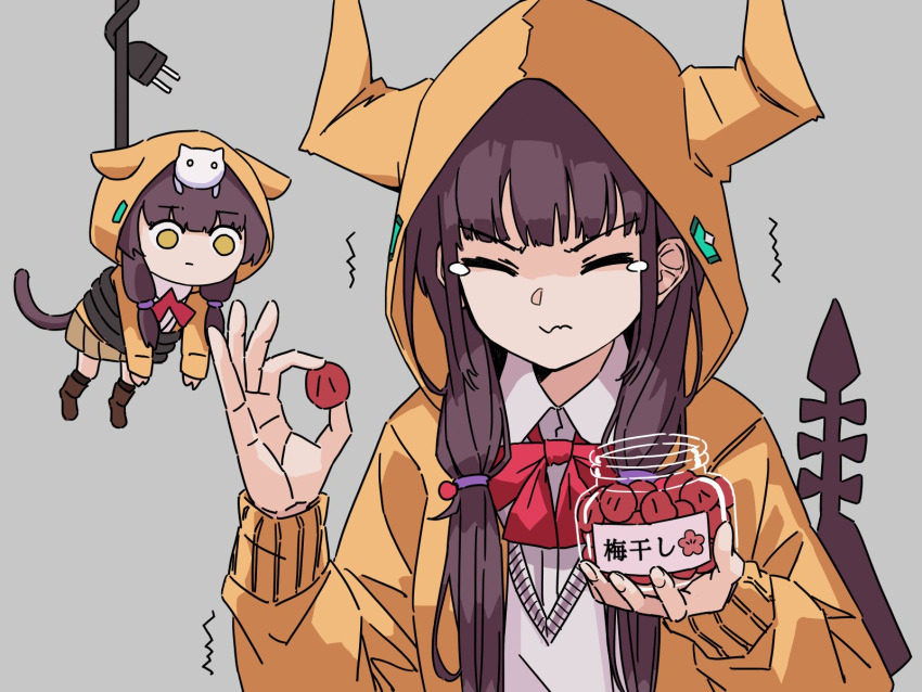 2girls, animal_on_head, asakura_karen_(heaven_burns_red), black_hair, blonde_hair, bow, dual_persona, heaven_burns_red