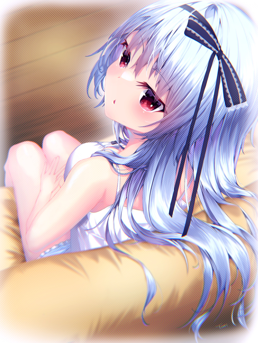 1girl, absurdres, back, bare_shoulders, black_bow, black_ribbon, blue_hair, blush
