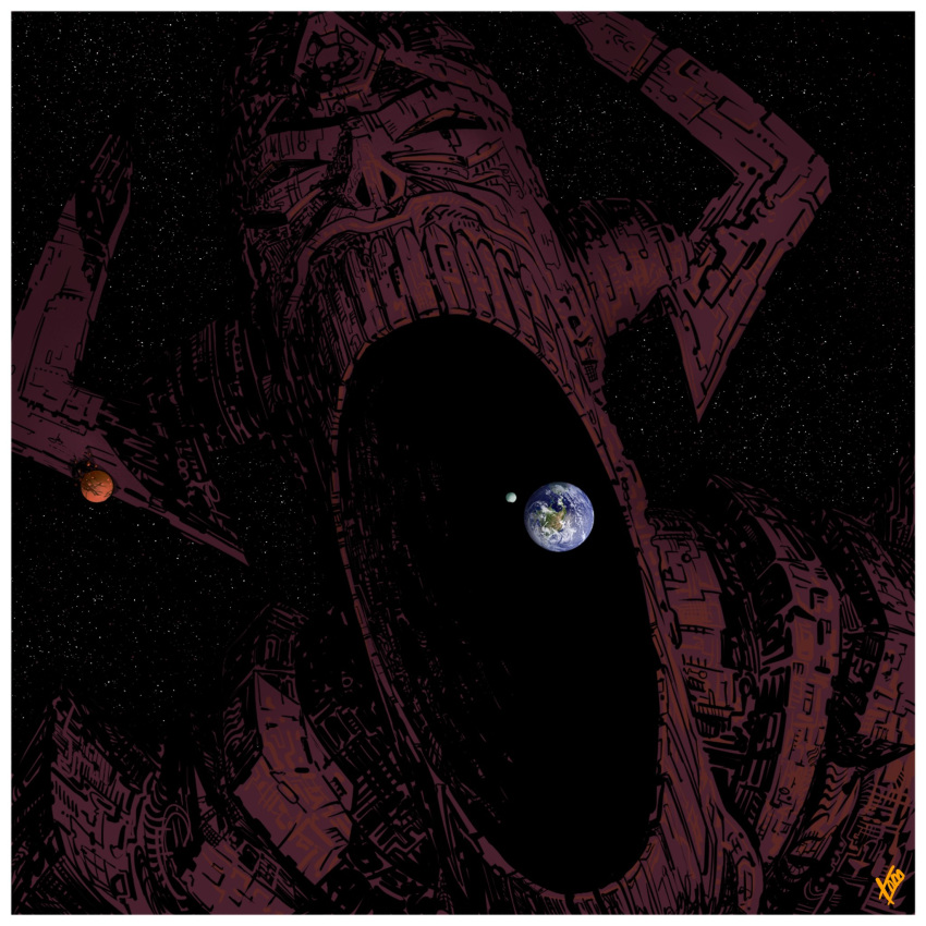 alien, black_border, border, earth_(planet), eating, eldritch_abomination, fake_horns, fantastic_four