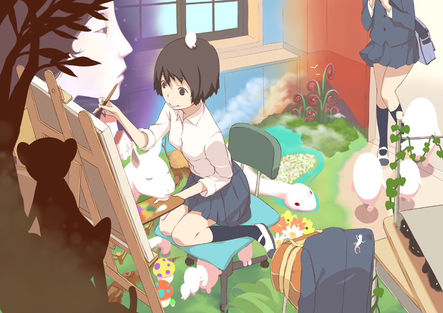 art_brush, bag, black_eyes, black_hair, canvas_(object), chair, cushion, kneehighs